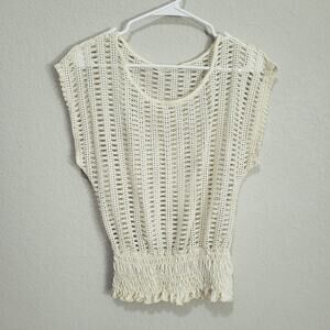 Cream Crochet Knit Top Womens Small Dolman Cap Sleeve Sheer Boho Beach Summer